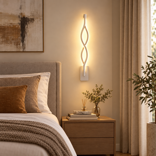 Spiral LED Wall Sconce — warm light glow on matte black fixture in luxury bedroom
