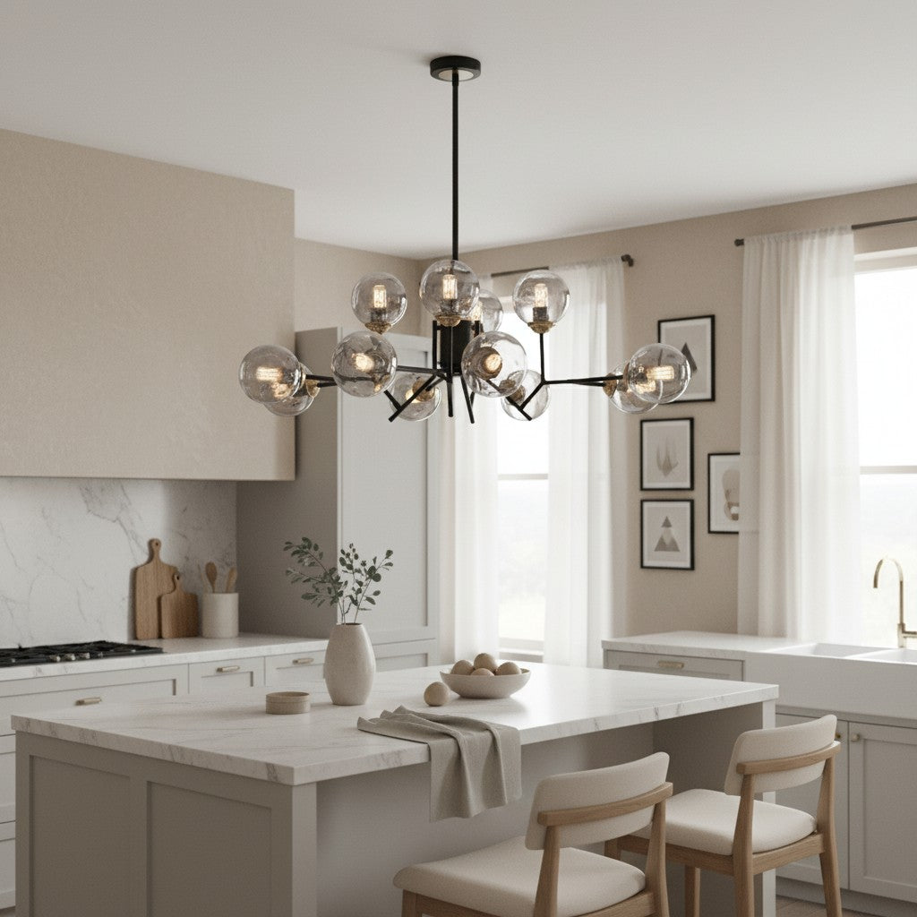 Nordic black glass chandelier installed over dining table