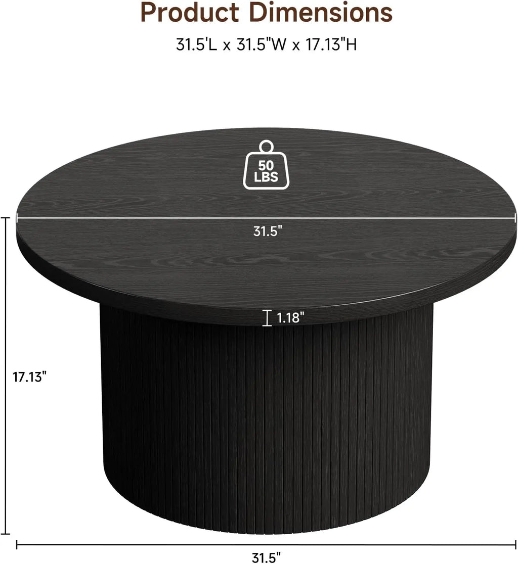 Modern fluted round coffee table in black — side angle
