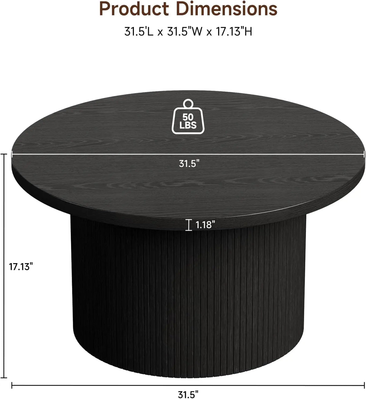 Modern fluted round coffee table in black — side angle
