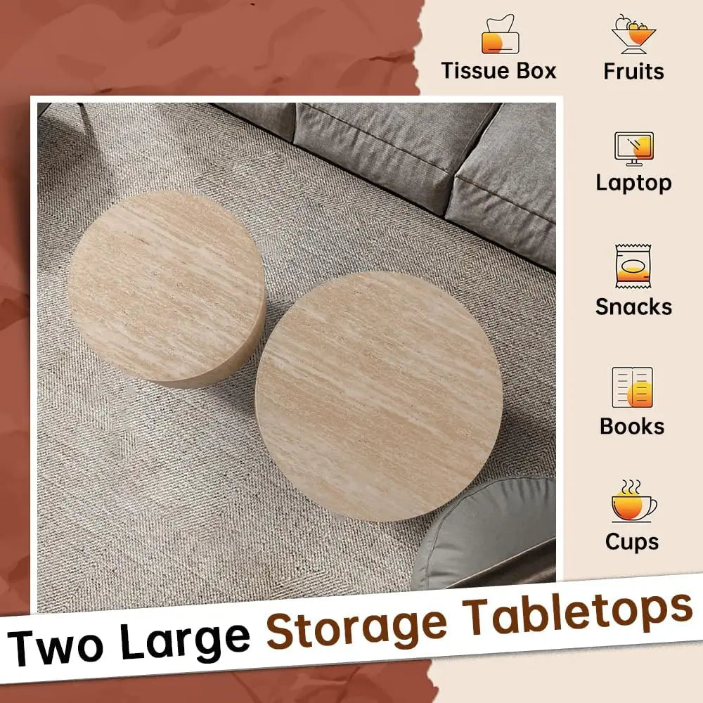 Travertine nesting coffee table set — close-up design detail