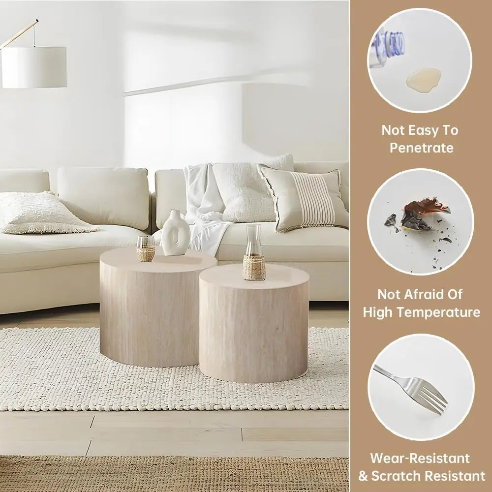 Travertine nesting coffee table set — finish detail