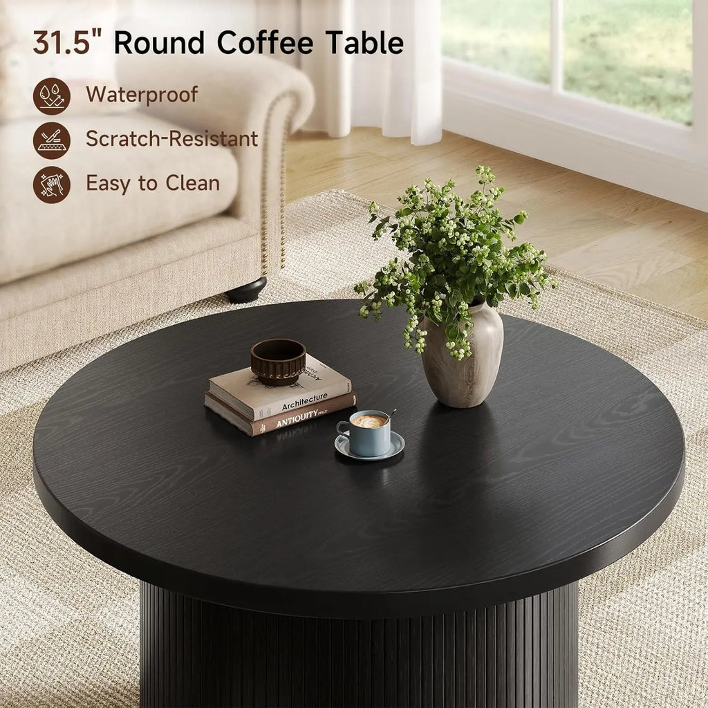 Modern fluted round coffee table in black — alternate angle