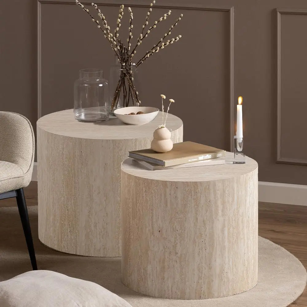 Travertine nesting coffee table set — product detail view