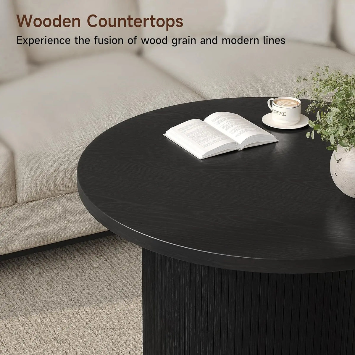 Modern fluted round coffee table in black — finish detail