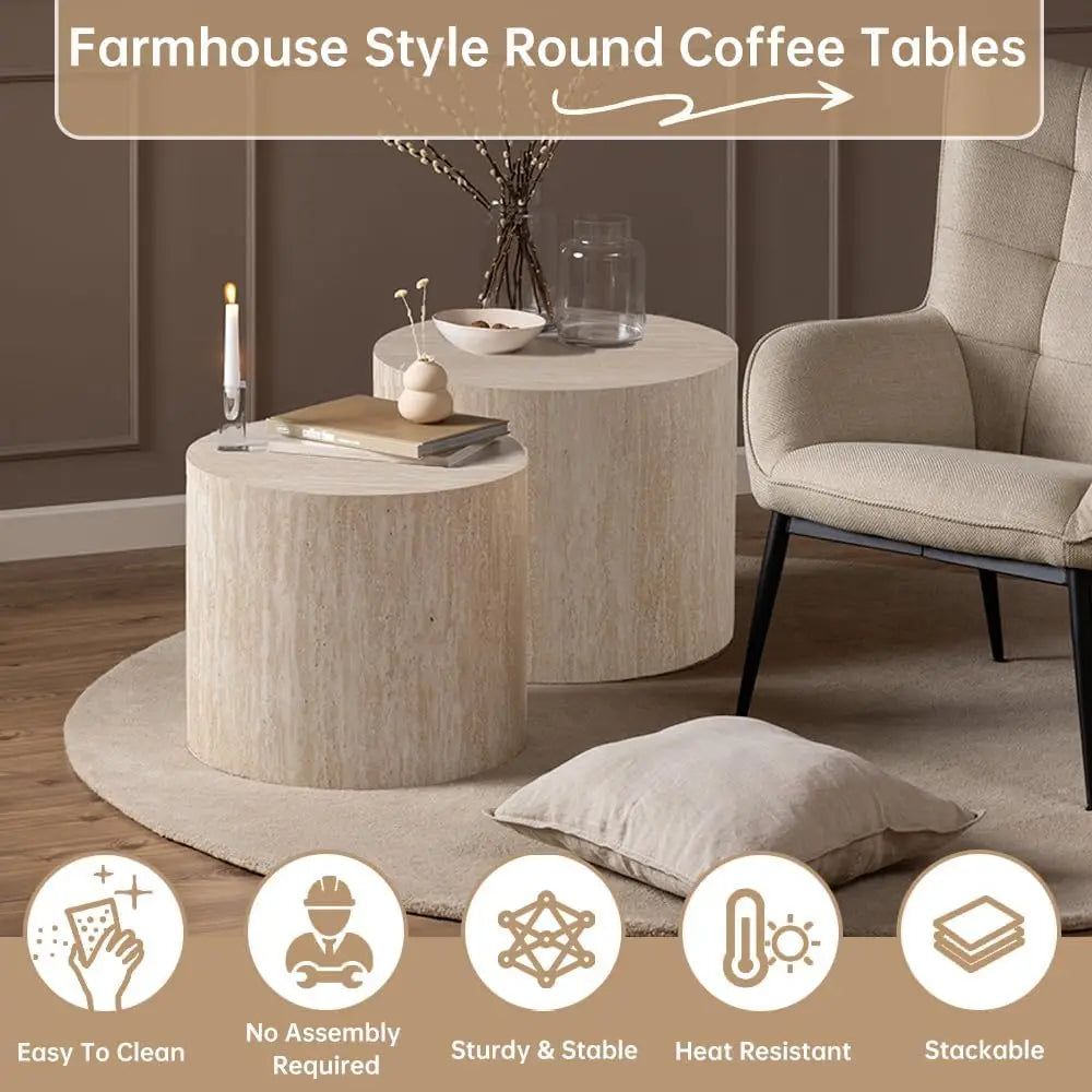 Travertine nesting coffee table set — side angle