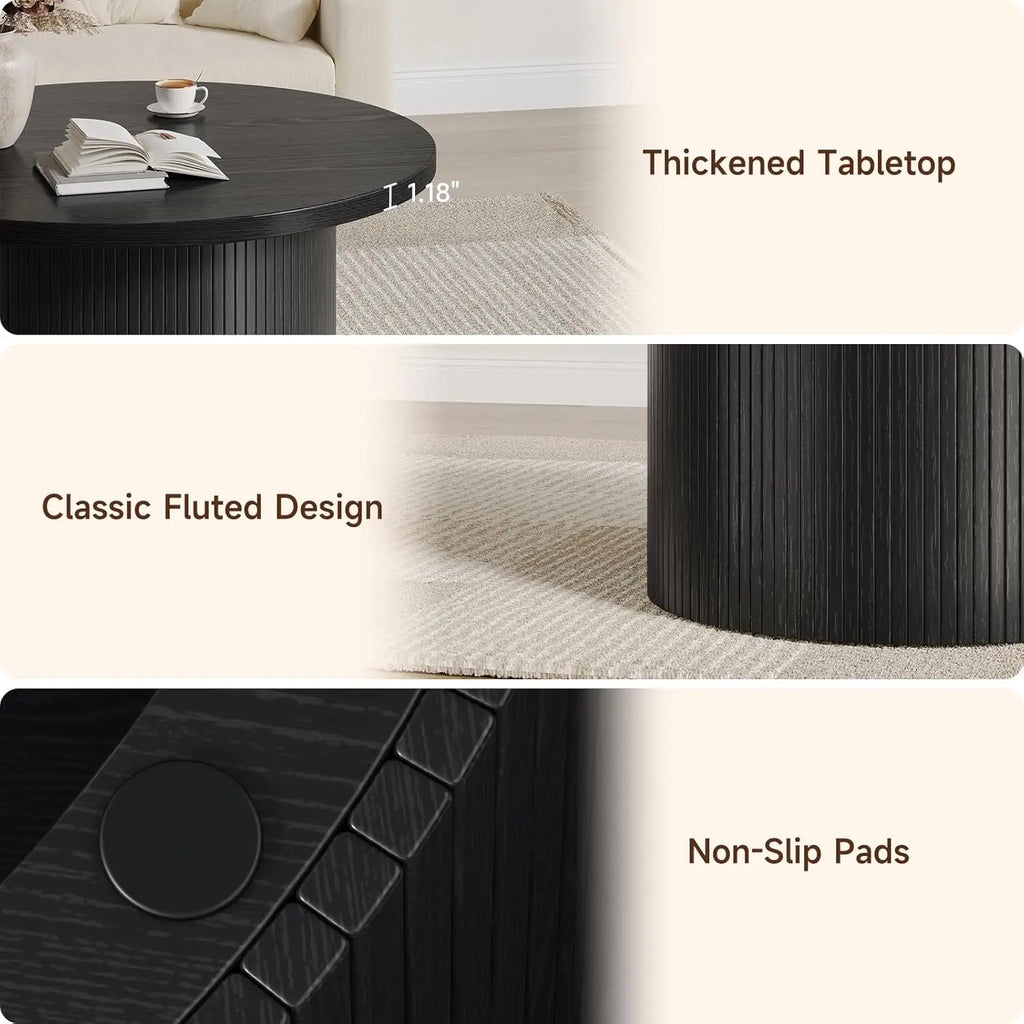 Modern fluted round coffee table in black — alternate product view