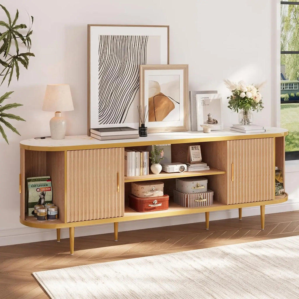 70" Fluted TV Stand — Faux Marble Top, Natural Oak