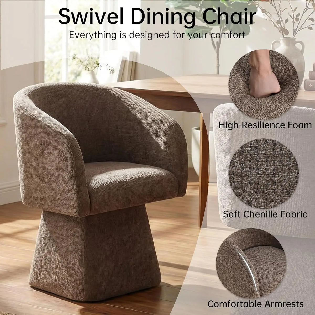 Upholstered swivel dining chair with barrel back and arms