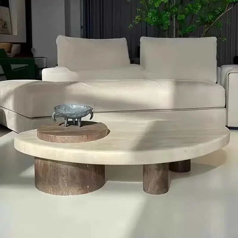 Beige marble coffee table — front angle
