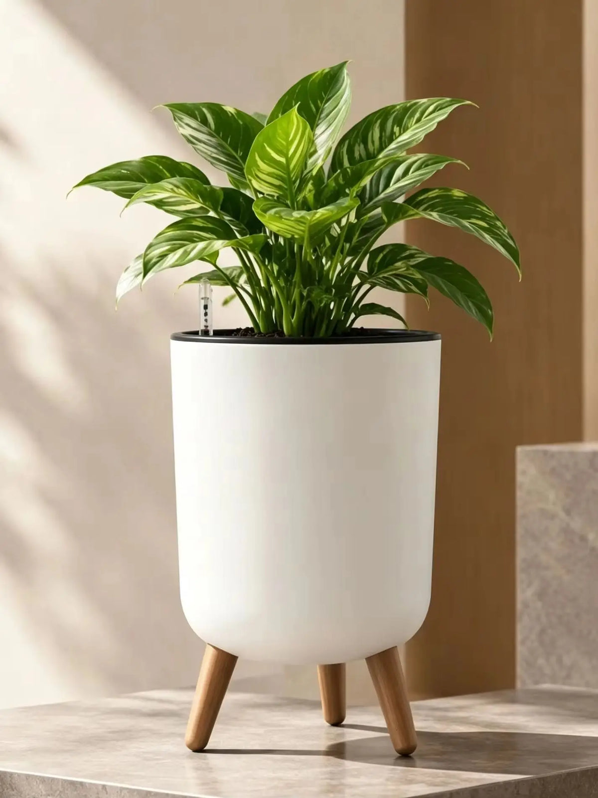 Self-Watering Floor Planter with Stand — White, Water Level Gauge