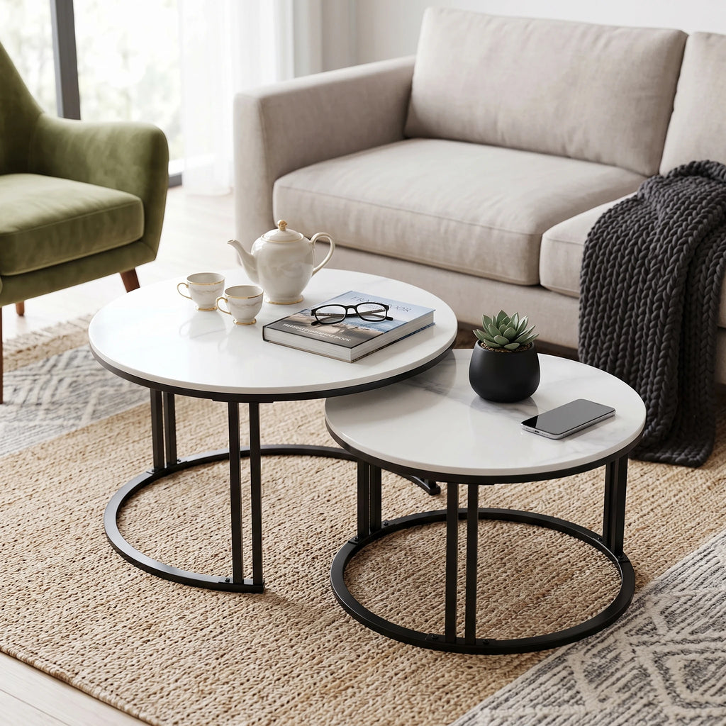 Nesting Coffee Table Set of 2 — 27.5" Round Stone-Top