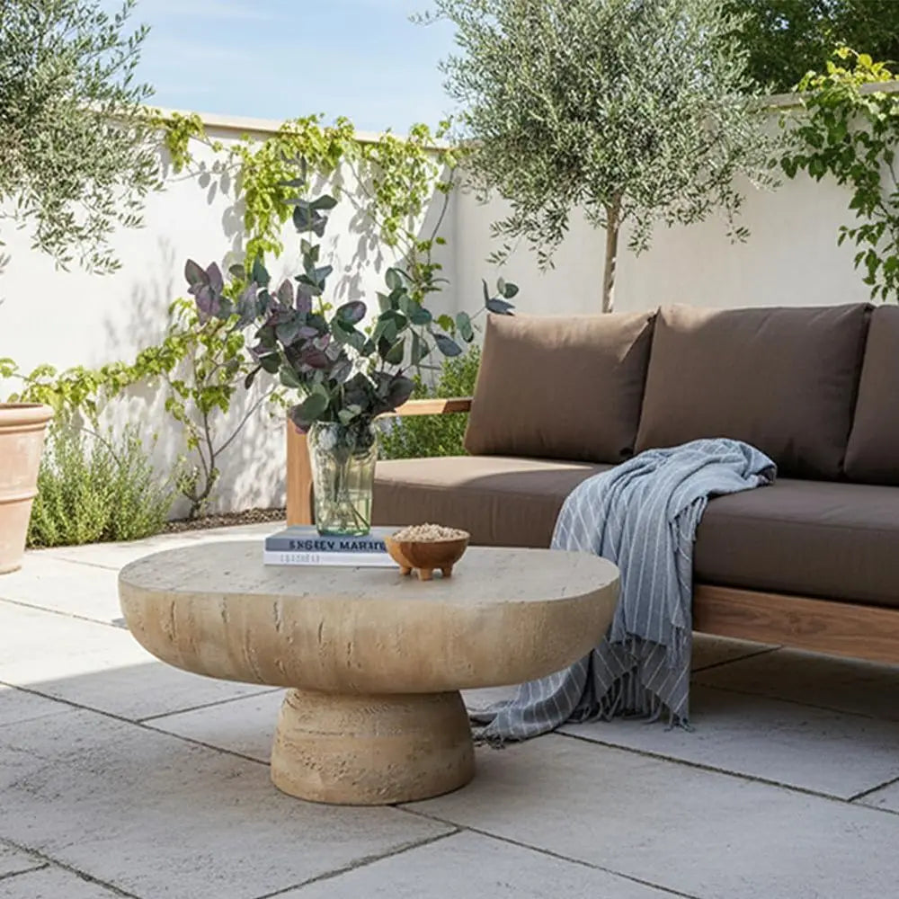 Travertine concrete oval coffee table for indoor or outdoor use