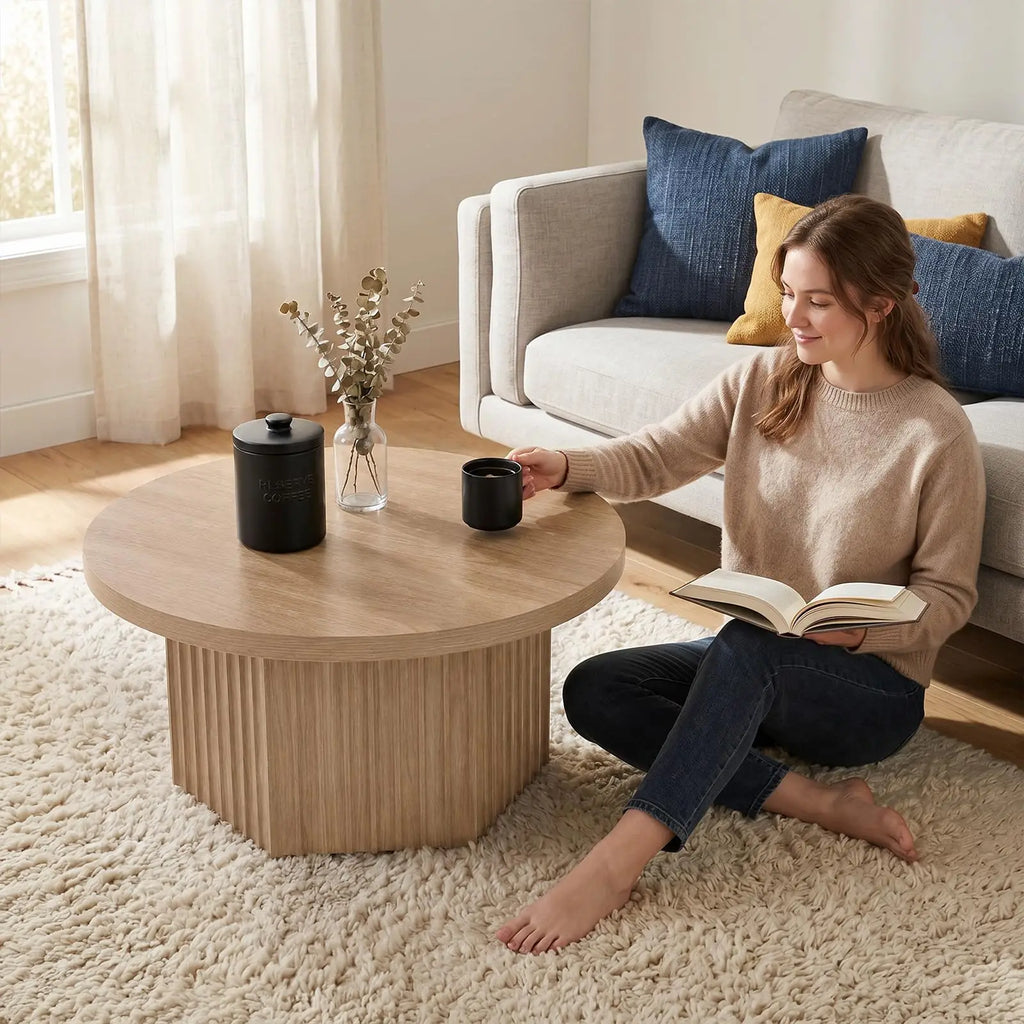 31.5" Round Fluted Drum Coffee Table — Wood Pedestal