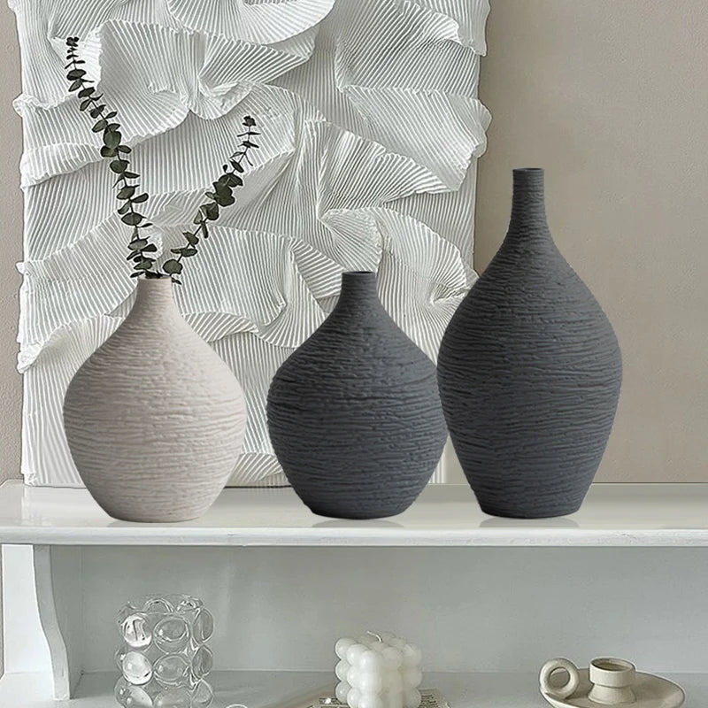 Narrow-Mouth Nordic Ceramic Vase — Beige & Grey