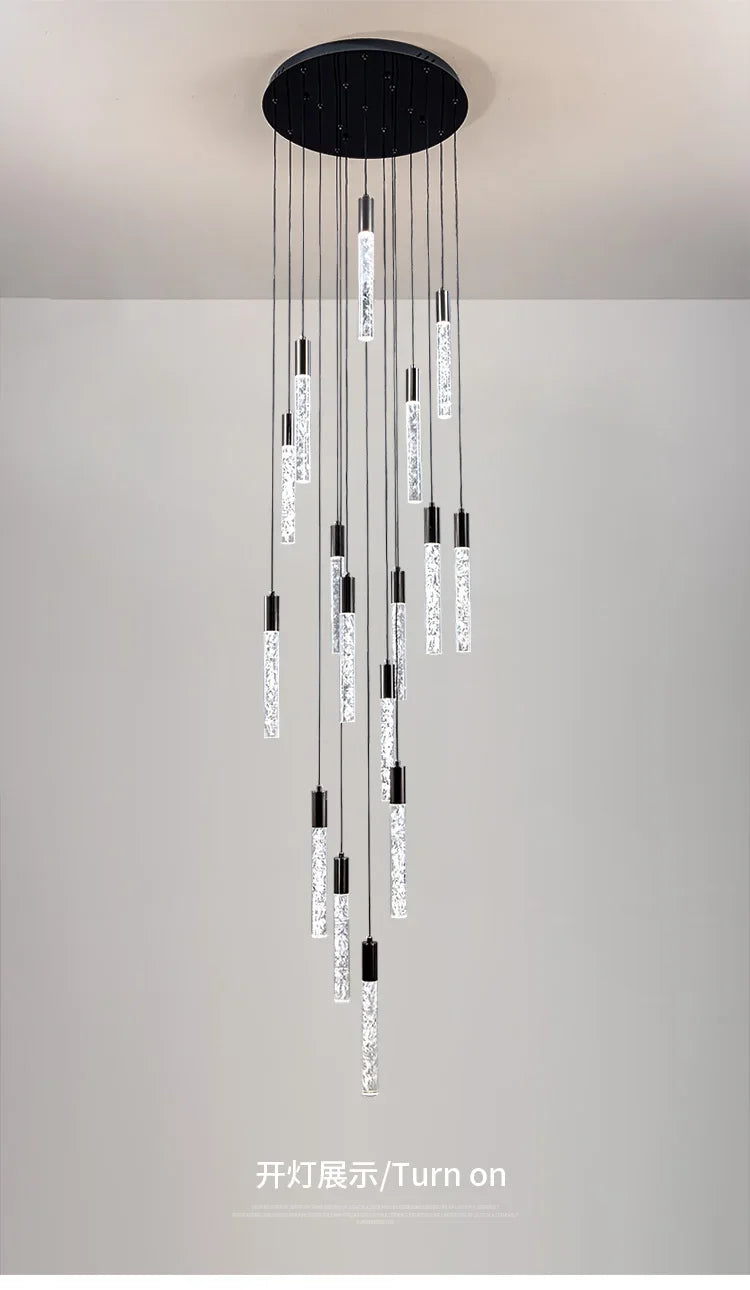 Minimalist Cylindrical Crystal Staircase Chandelier