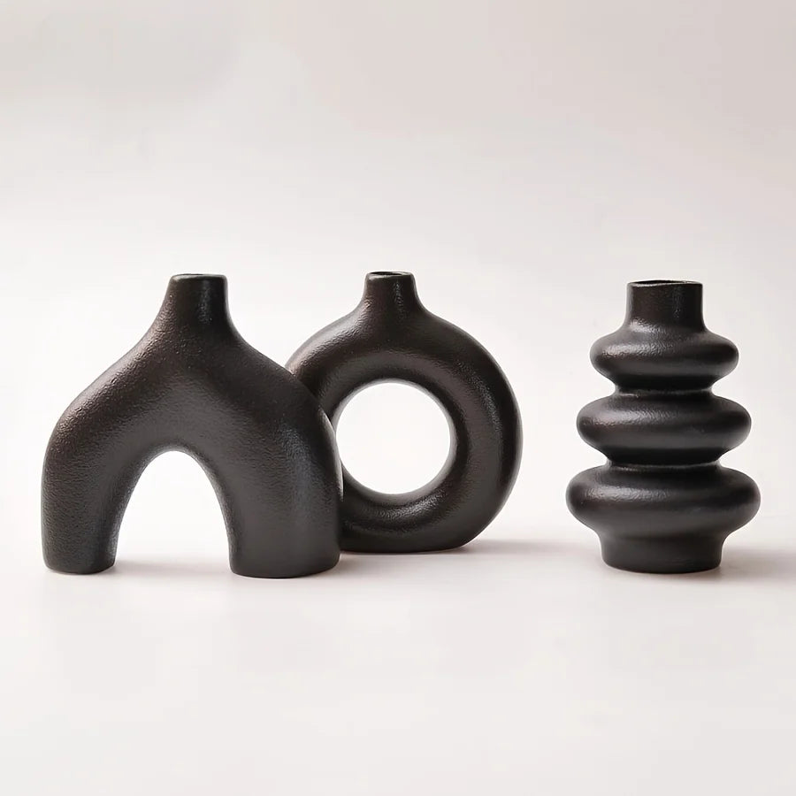 Bohemian Ceramic Vase Set — Black, White & Yellow