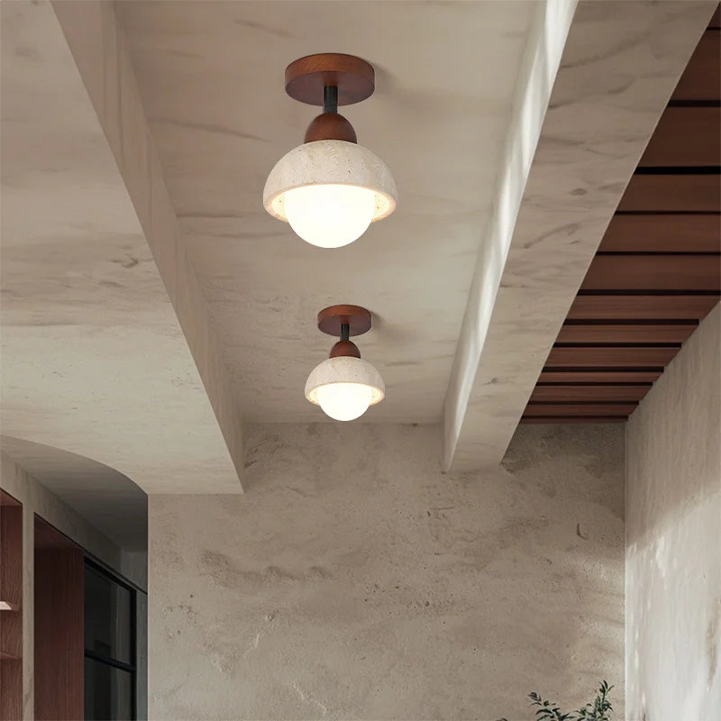Wabi-Sabi Travertine Ceiling Lamp — Natural Stone & Wood Fixture