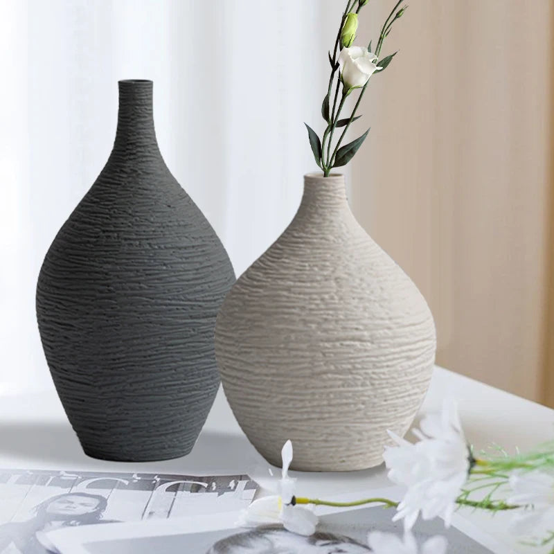 Narrow-Mouth Nordic Ceramic Vase — Beige & Grey