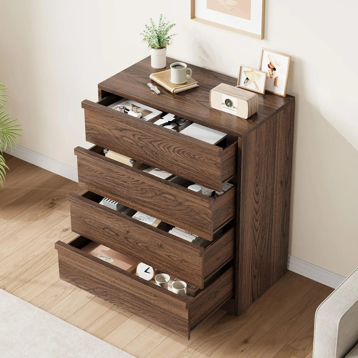 4-Drawer Tall Dresser — Walnut Bedroom Storage Chest