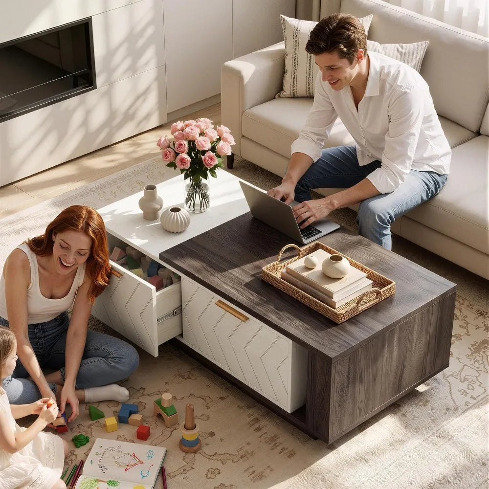 Extendable wood coffee table with storage drawers and open shelf