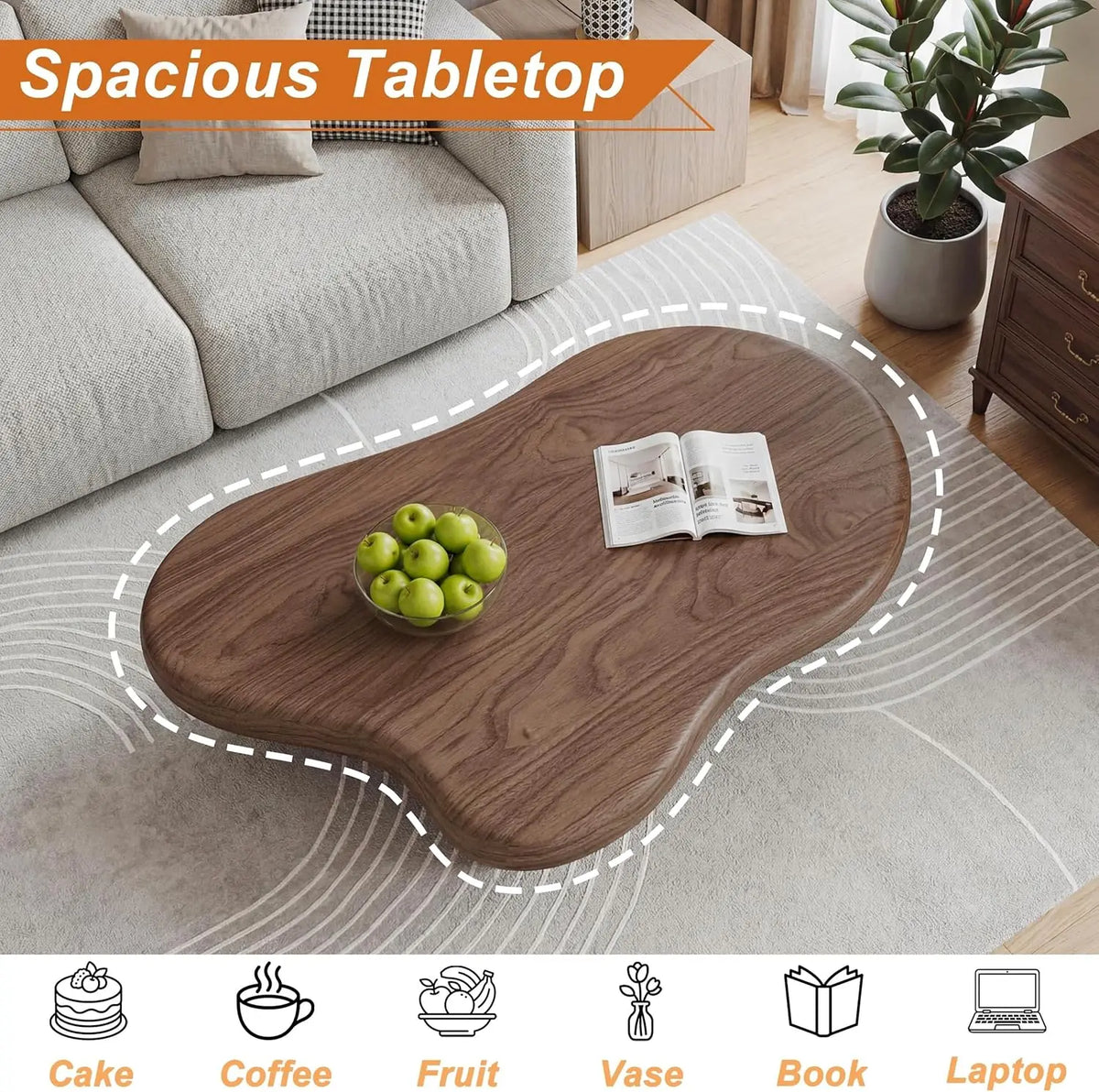 Modern cloud-shaped coffee table with drum legs in solid wood