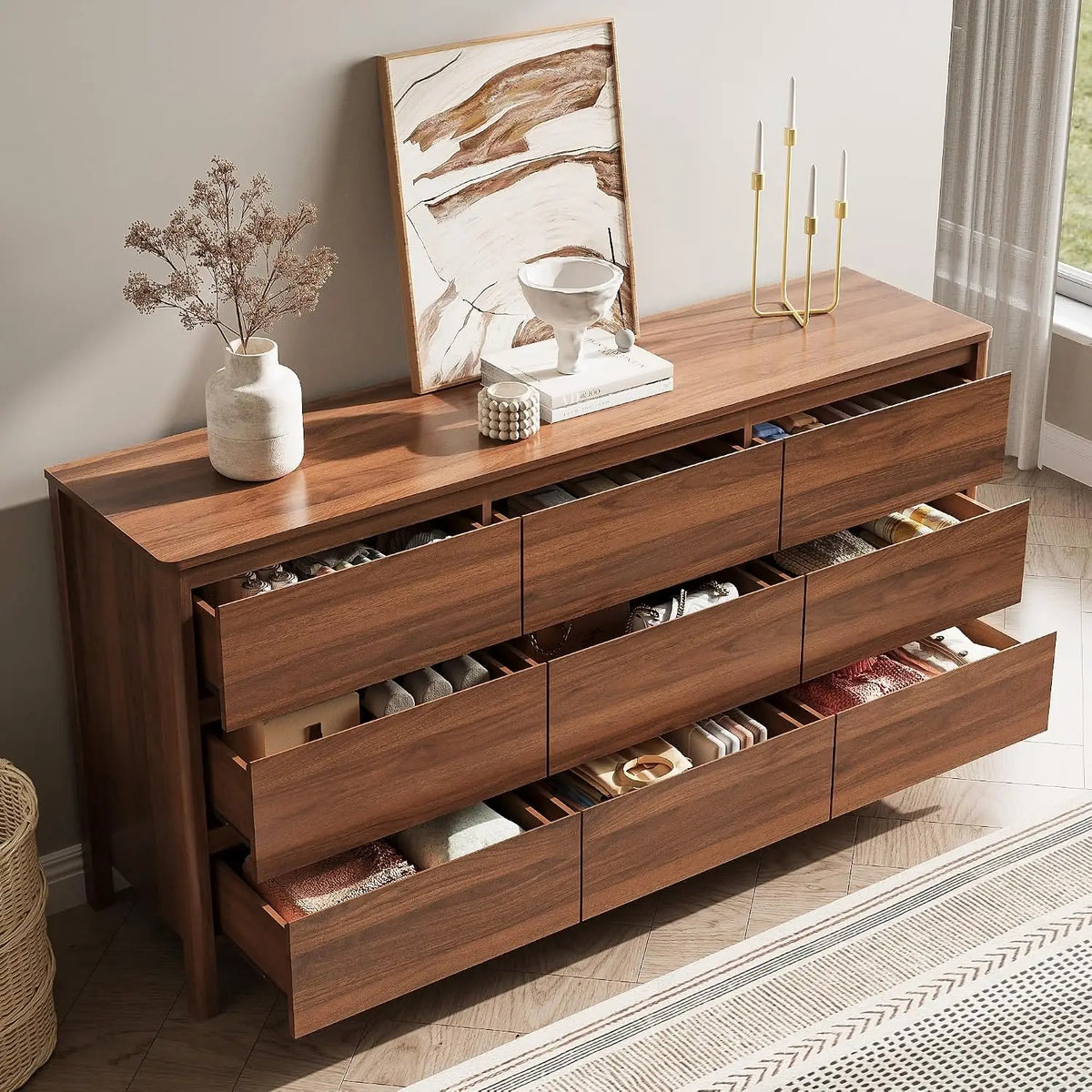 Walnut three-piece dresser and nightstand bedroom set