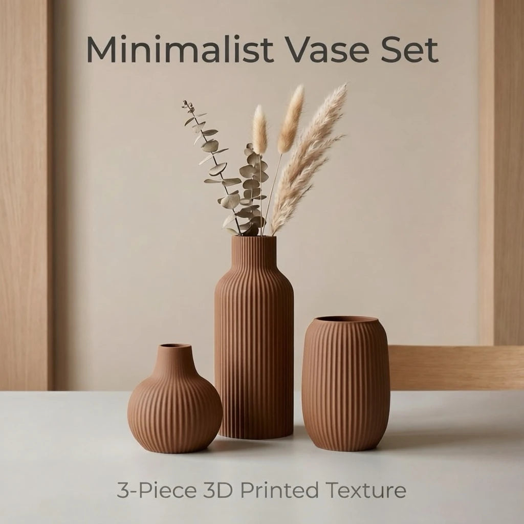 Vertical-Striped Embossed 3-Piece Vase Set — Matte PLA