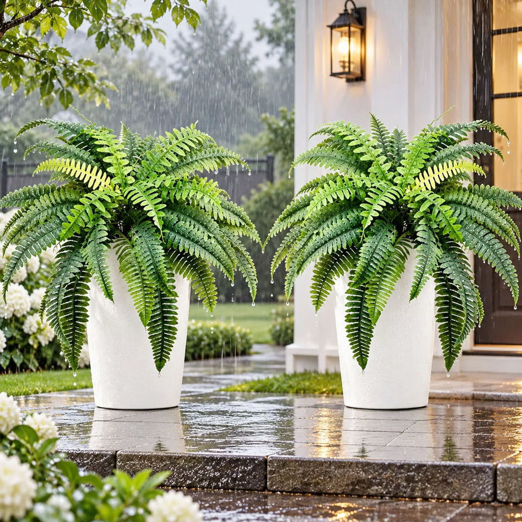2 Pack Artificial Boston Fern, 39 Fronds UV Resistant Fake Fern Plant, Faux Greenery for Front Porch Patio Indoor Outdoor Home Garden Decor-Pot Not Included — main view