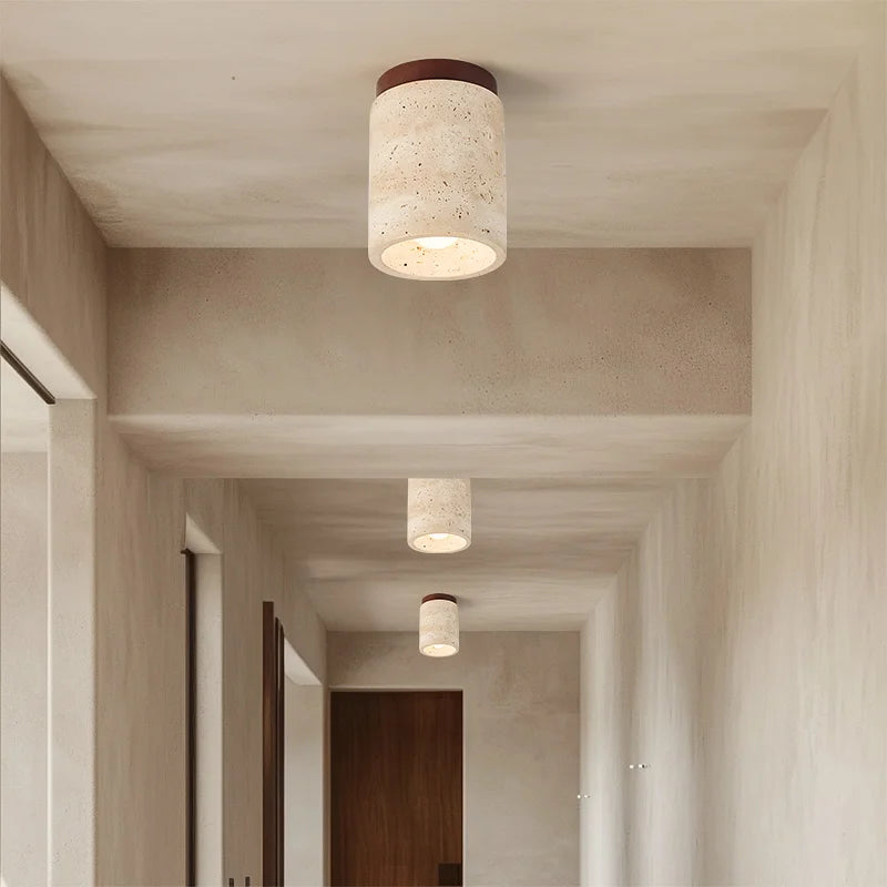 Wabi-Sabi Travertine Ceiling Lamp — Natural Stone & Wood Fixture