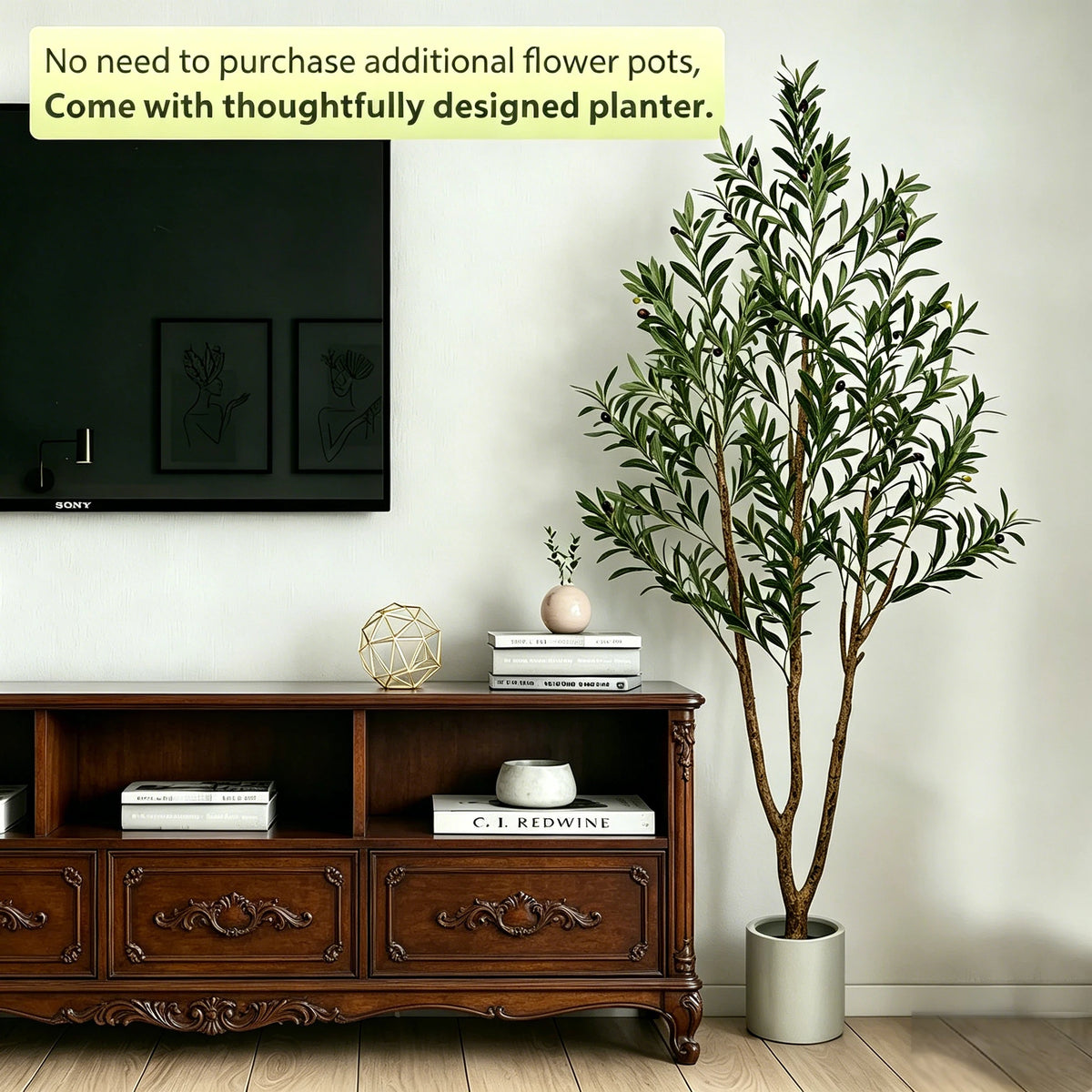 5/6/7ft Olive Trees Artificial Indoor Outdoor Faux Olive Tree with White Tall Planter, Artificial Plants with Natural Wood Trunk and Lifelike Fruits for Home Office Decor — close-up detail