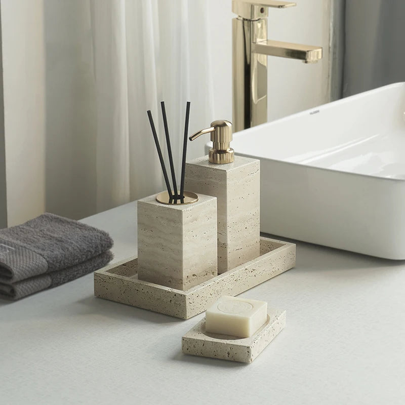 Travertine Bathroom Accessory Set — Soap, Tray & Tissue Box