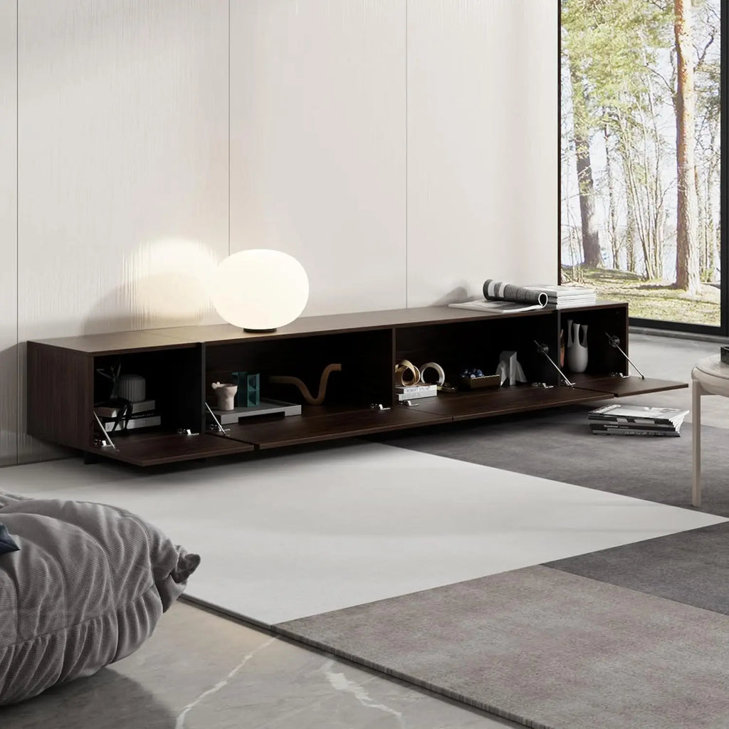 Modern TV stand with flip-down drawers — design detail view