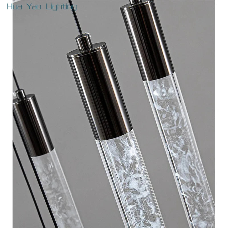 Minimalist cylindrical crystal staircase chandelier