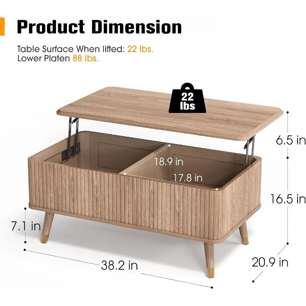 Lift-top fluted coffee table with hidden storage compartments