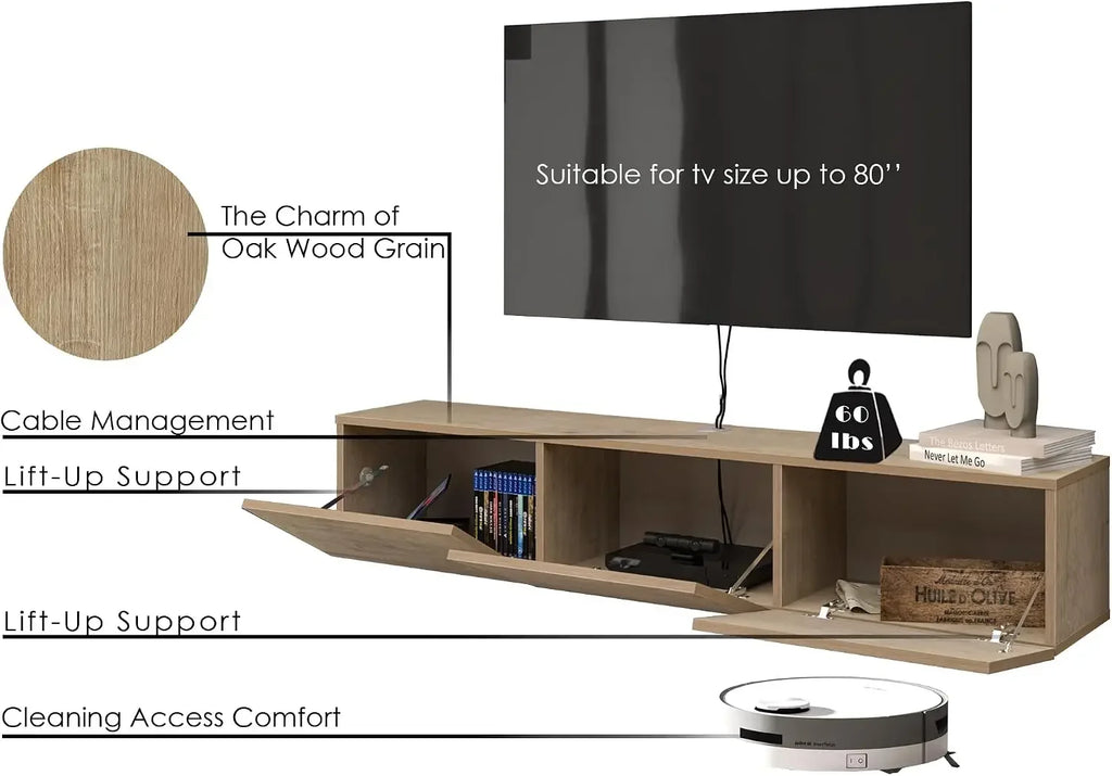63" Floating TV Stand — Wall Mounted for 65"-80" TVs, Oak