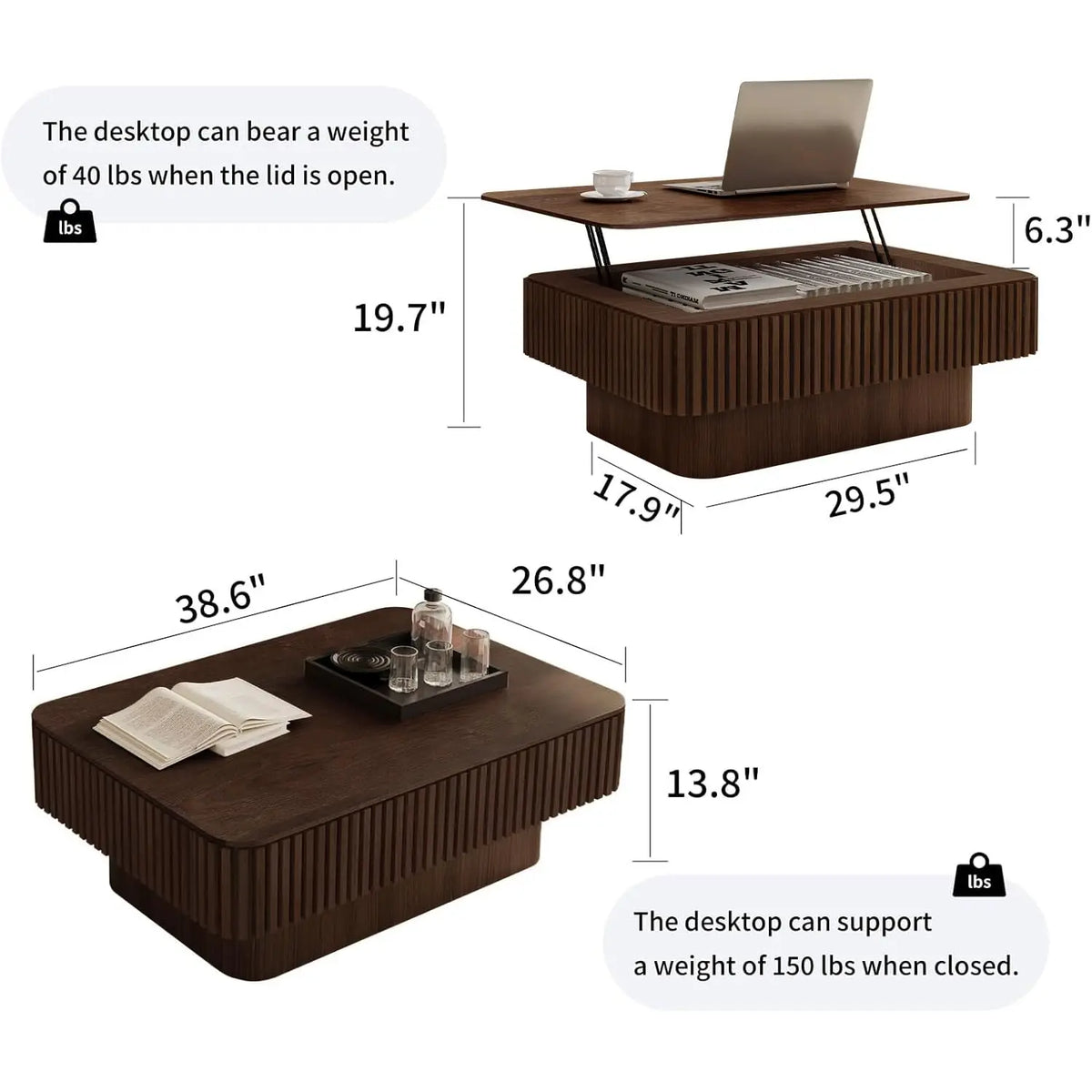 Rectangle Fluted Lift-Top Coffee Table with Storage