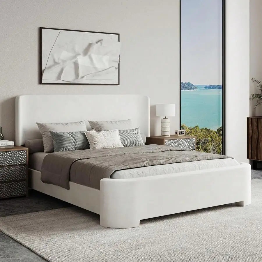 Upholstered wingback platform bed — product detail view