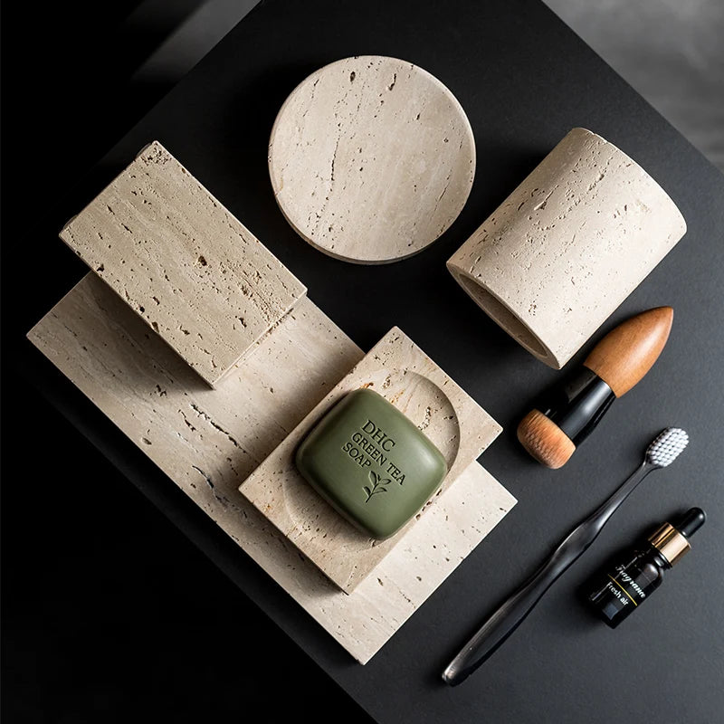 Beige Travertine Bathroom Accessory Set — 9-Piece