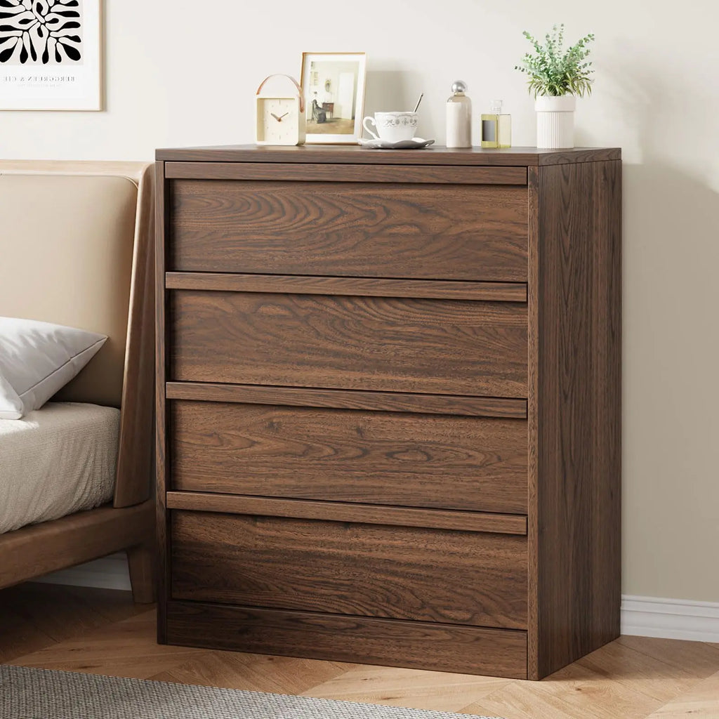 4-Drawer Tall Dresser — Walnut Bedroom Storage Chest