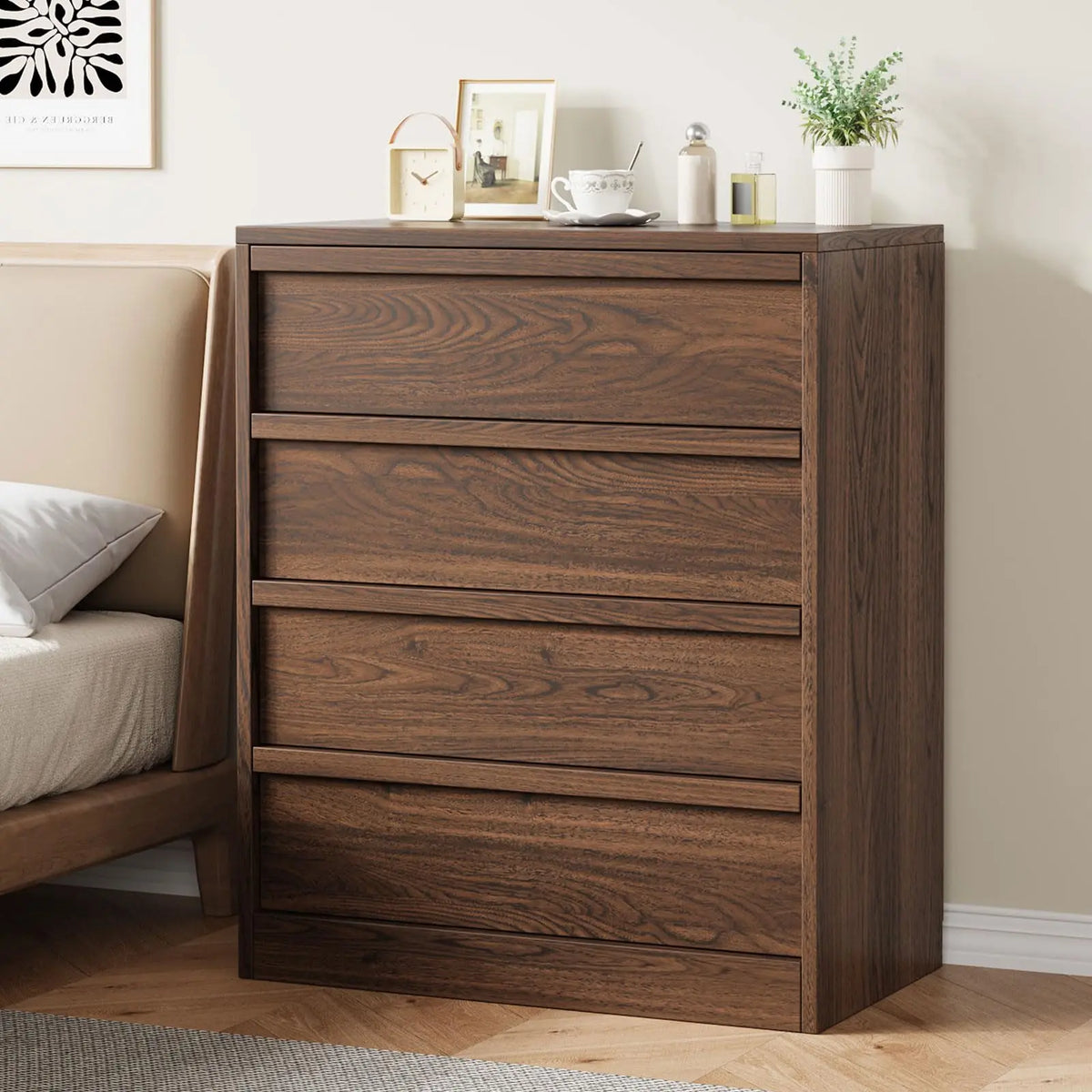 4-Drawer Tall Dresser — Walnut Bedroom Storage Chest