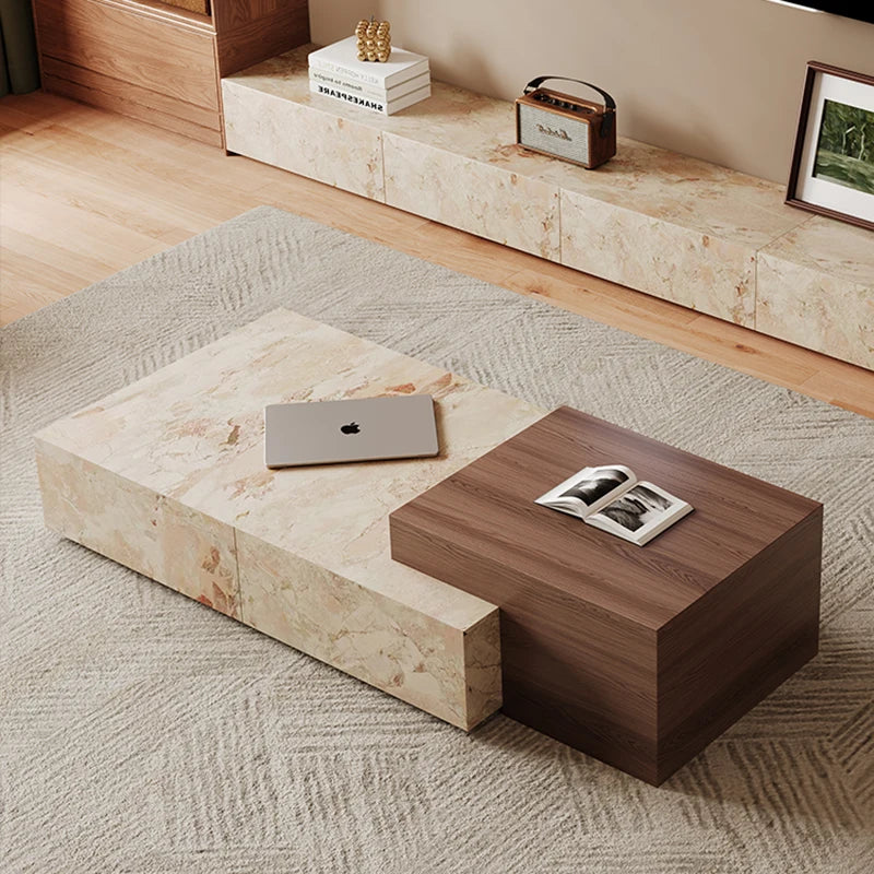 Sculptural Wabi-Sabi Coffee Table - Travertine & Walnut