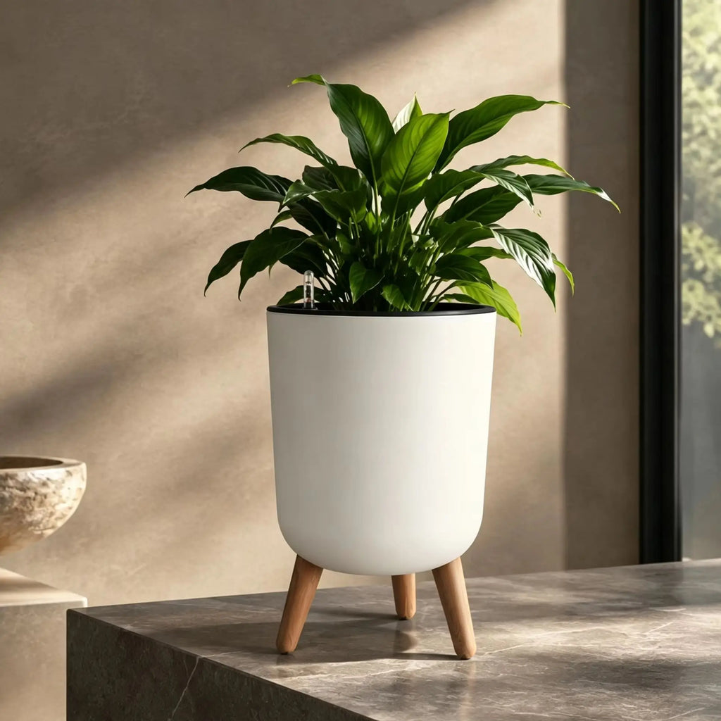 Self-Watering Floor Planter with Stand — White, Water Level Gauge