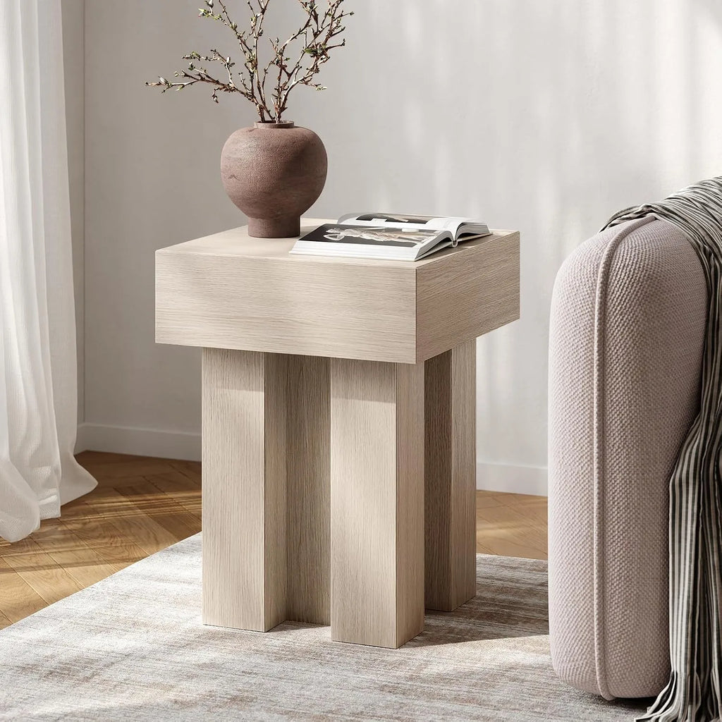 Square pedestal wood end table in modern oak design