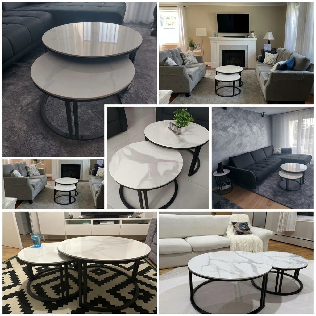 Nesting Coffee Table Set of 2 — 27.5" Round Stone-Top