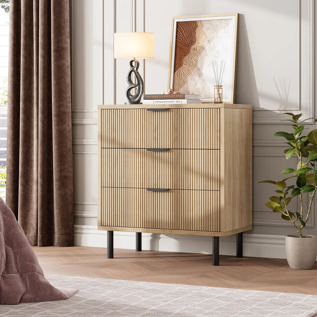 Fluted 3-Drawer Dresser — Modern Wood Bedroom Chest
