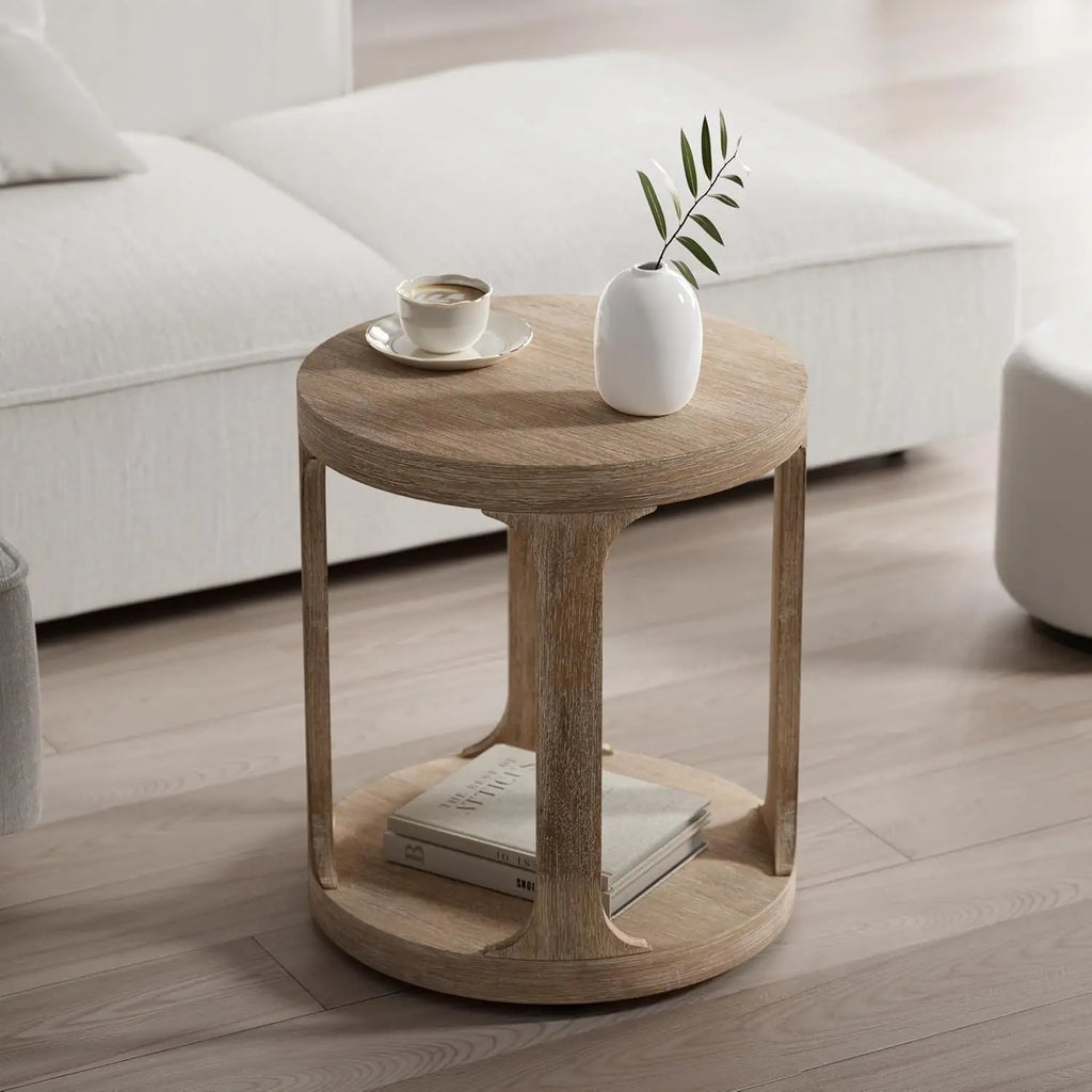 Farmhouse round pedestal end table in coastal wood grey finish
