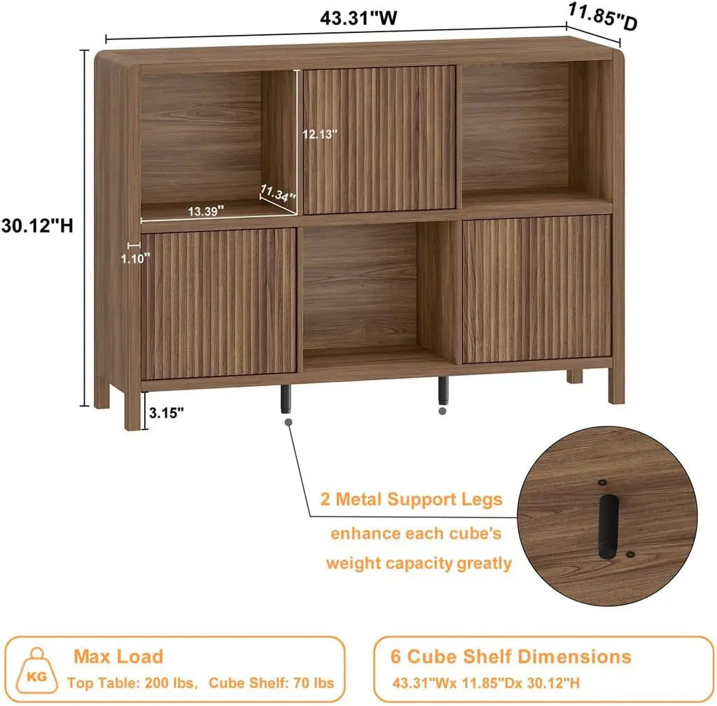 Three-door wood bookcase with cube storage in walnut finish