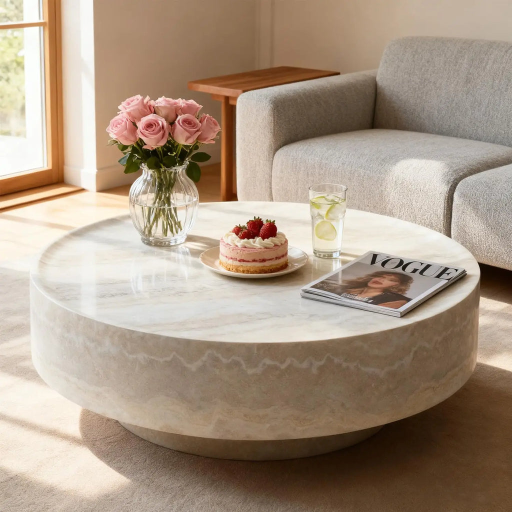 Faux marble round drum coffee table — side angle