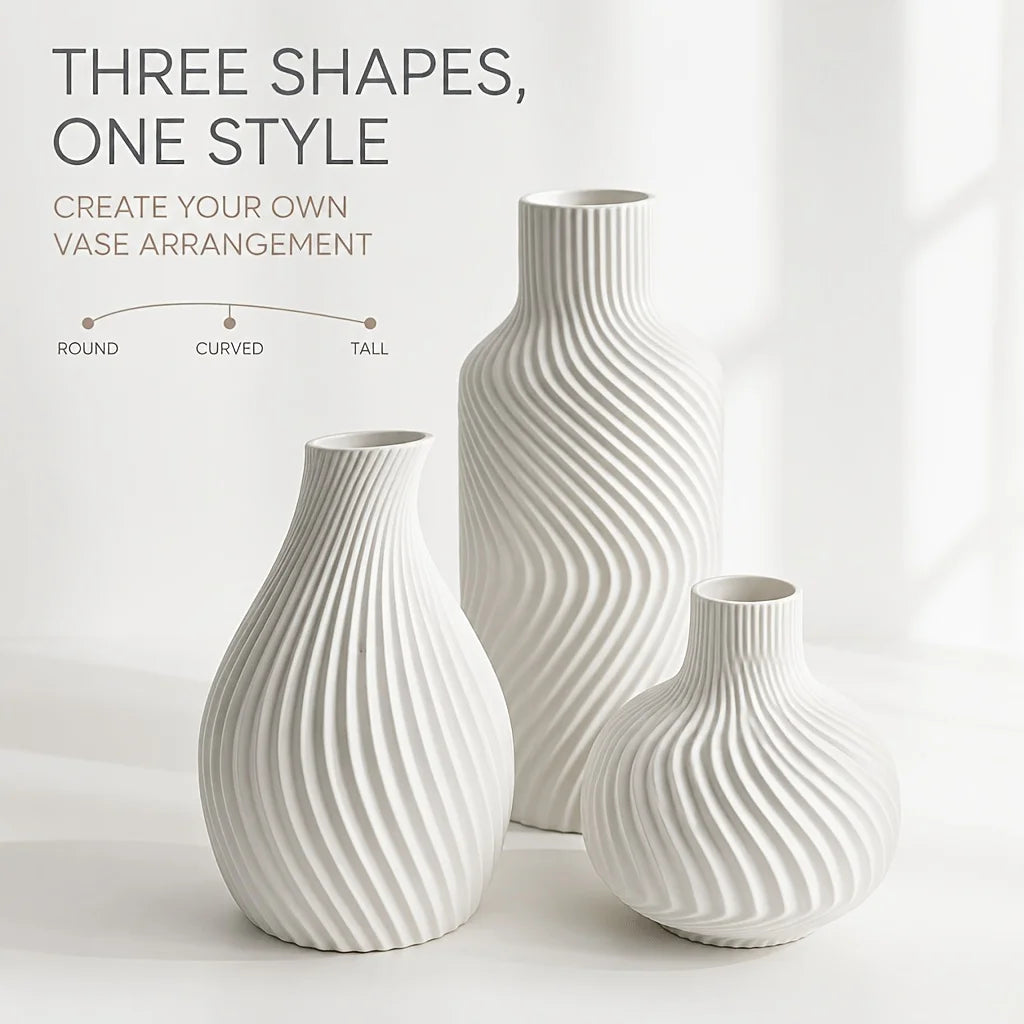 Wavy Swirl 3-Piece Vase Set — Matte Beige